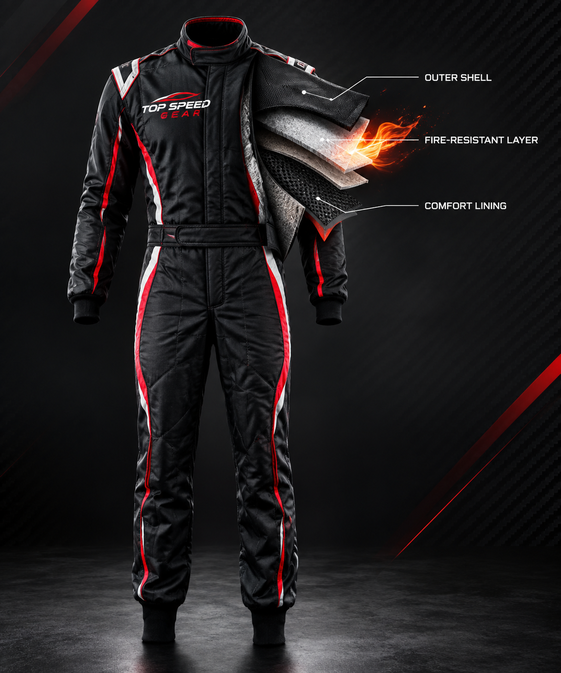 Layered technical fabrics used in auto racing suits