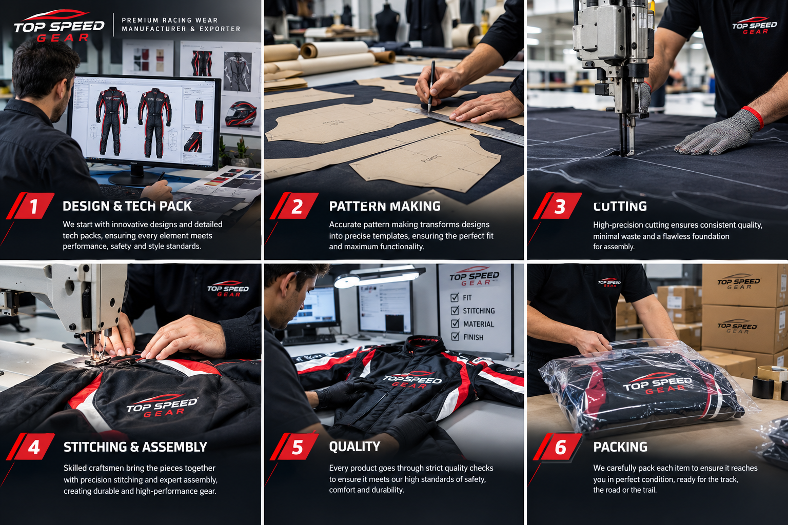 Woven labels and embroidered branding on racing wear